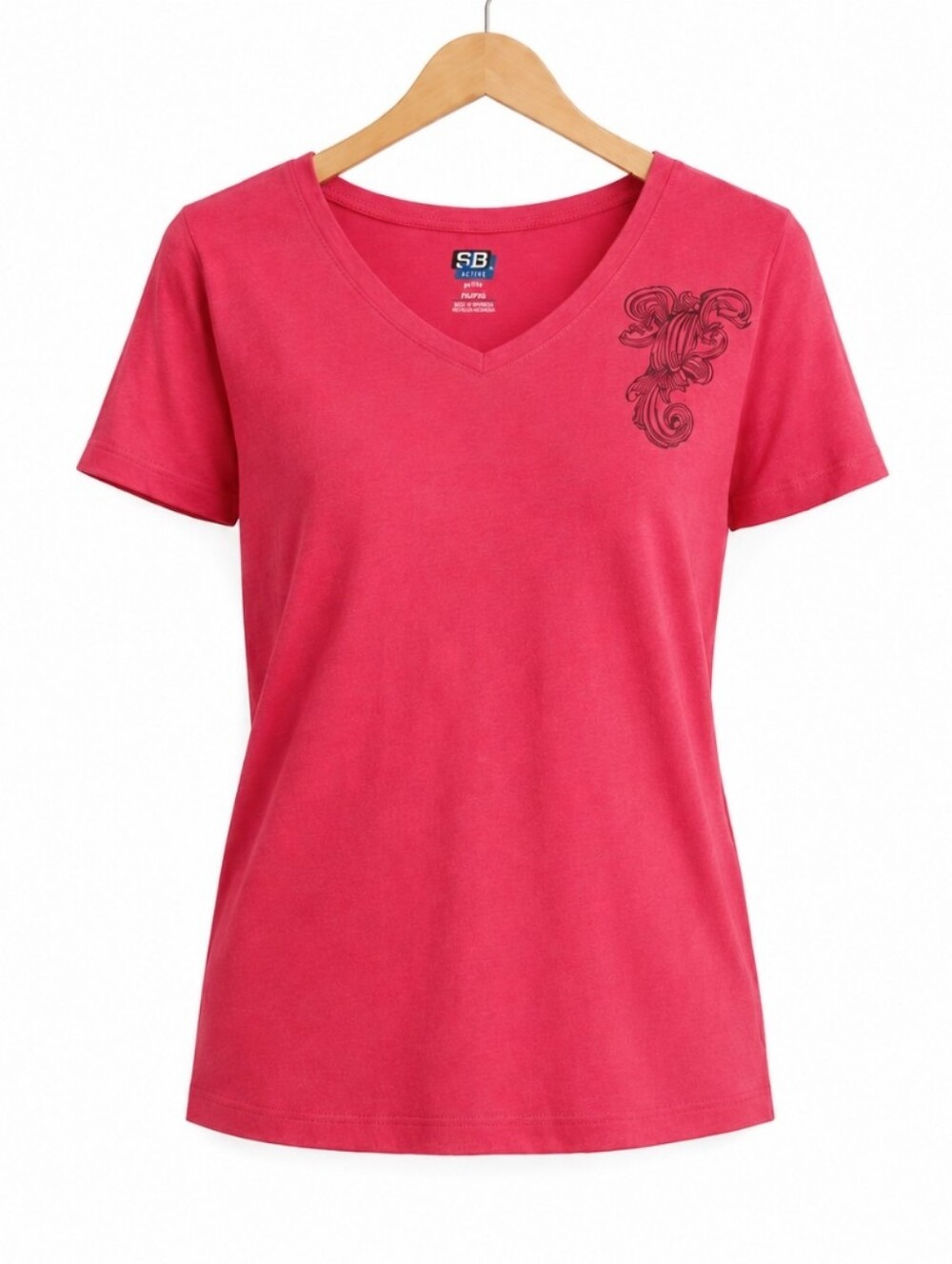 SB Active Red Gathered Sleeve Tee With Black Paisley Chest Design Petite Sz XL